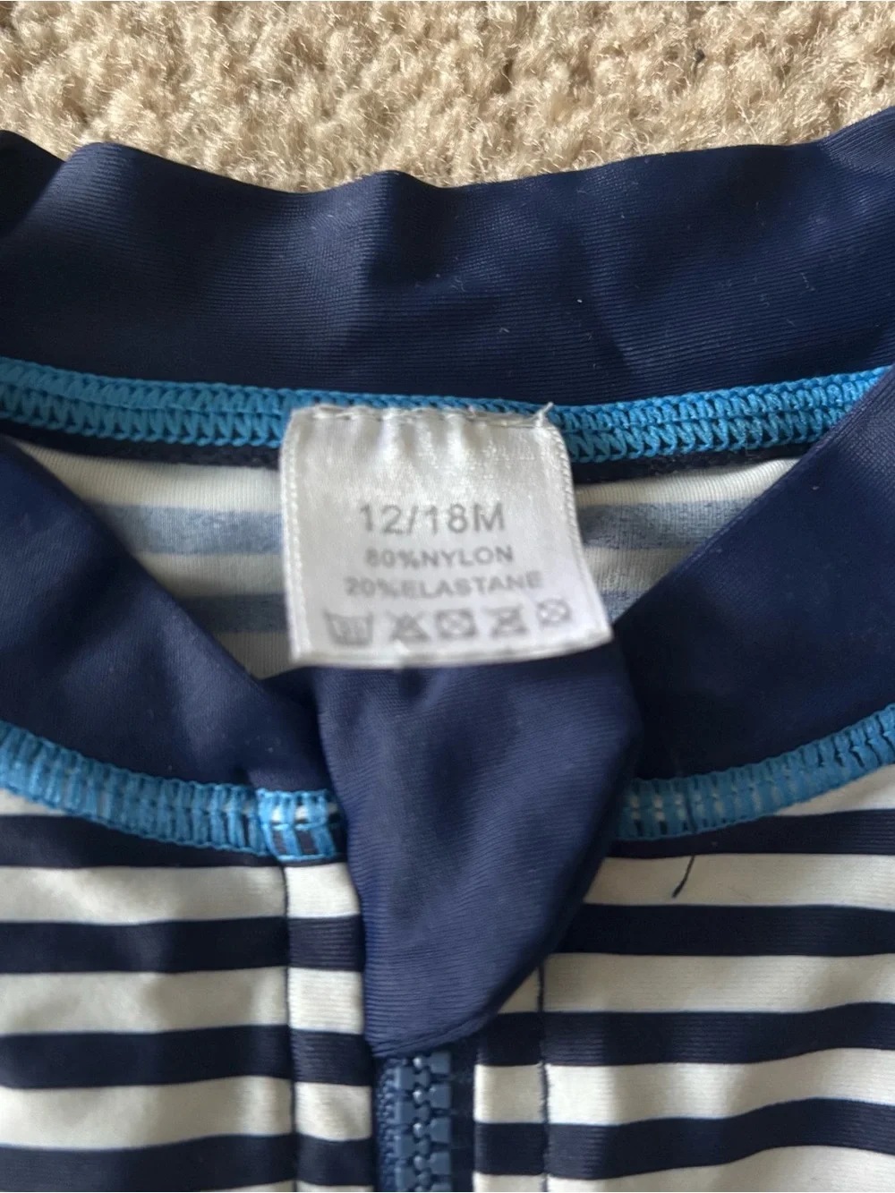 Blue White Striped Baby Boy One Piece Swimsuit Romper Size 12-18M